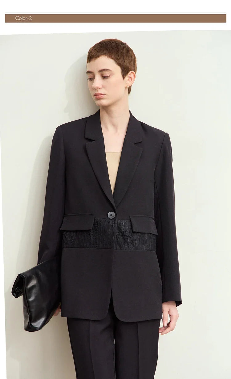 Minimalism 2025 Women's Blazer Autumn New Office Lady Lace Spliced Shoulder Professional Loose Female Notched Tops 12443009