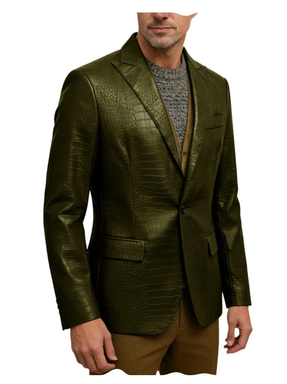 Vintage Men's Crocodile Embossed Leather Blazer Notch Lapel 1 Button Jacket Business Casual Formal Luxury Coat With Flap Pockets