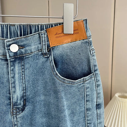 Women's Split Leg Opening Drainpipe Jeans, Casual Ankle Length Denim Pants, Straight Leg, Plus Size, Spring, Autumn, 100kg, 1649
