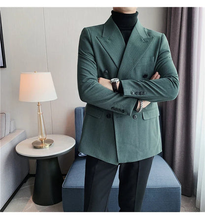 Classic Luxury Striped Men Suit Jacket Fashion Double Breasted Business Office Wedding Tuxedos Male High Quality Slim Fit Blazer