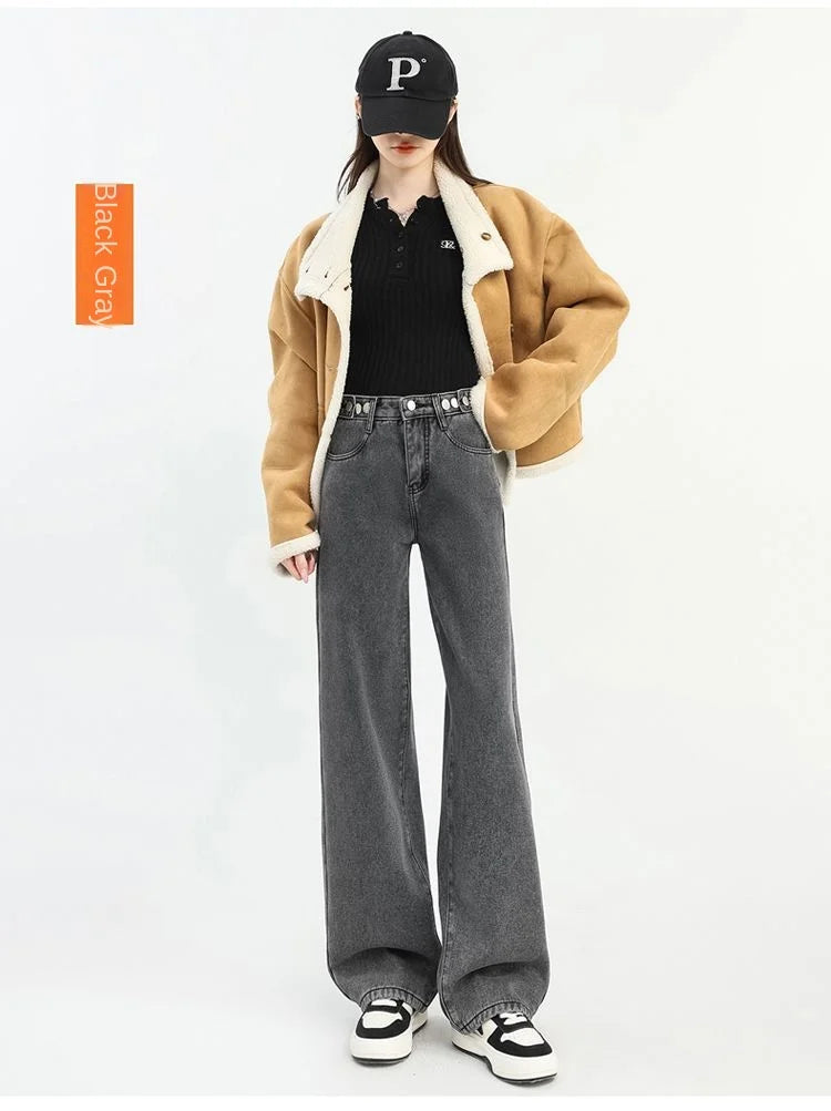 Winter Thick Warm Womens High Waist Jeans Fleece Lined Loose Fit Wide Leg Trousers Korean Style Stretchy Adjustable Waist  Jeans