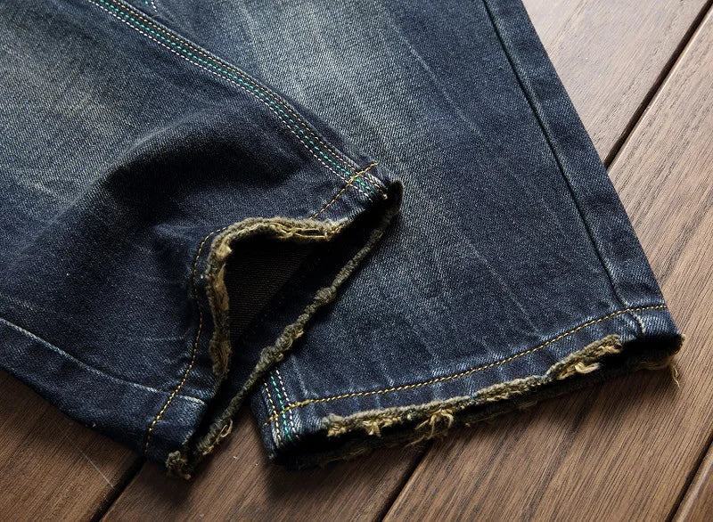 2026 New Men's Yellow Jeans, Blue Stretch Biker Trousers, Broken Hole Jeans, Fashion Popular Men Denim Pants Big Size 29-42