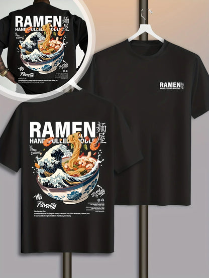 Men New Summer Casual Street Style T-shirt Japanese Waves Ramen Pattern Suitable for Daily Wear 100% Pure Cotton Soft Material