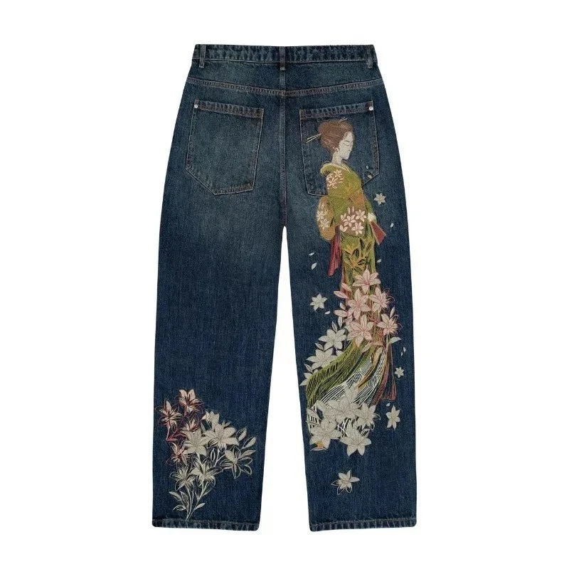 Y2K Harajuku Jeans Vintage Cherry Blossom Selvedge Denim Pants Hip Hop Gothic men women denim fabric wide leg pants streetwear