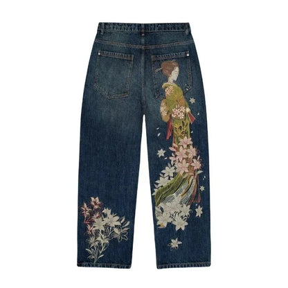 Y2K Harajuku Jeans Vintage Cherry Blossom Selvedge Denim Pants Hip Hop Gothic men women denim fabric wide leg pants streetwear
