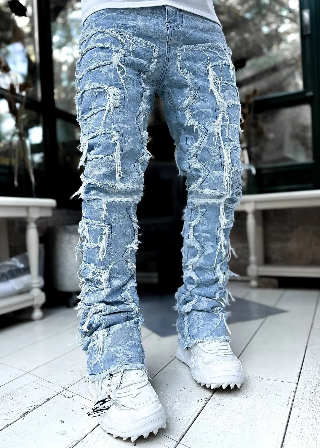 New European and American Heavyweight Streetwise Stretch Patch Jeans for Men, High Street Straight Fit Long Jeans16-3001