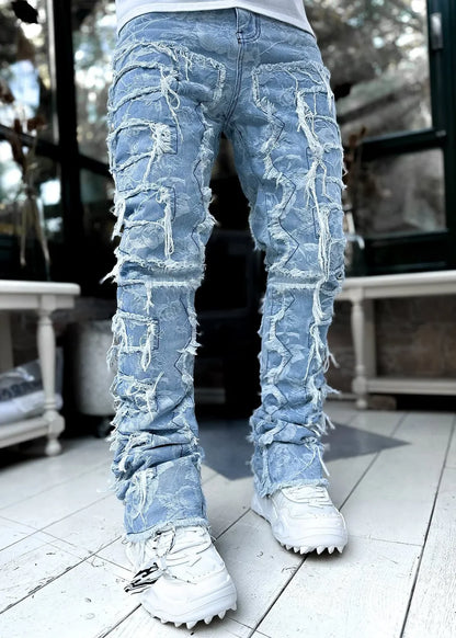 New European and American Heavyweight Streetwise Stretch Patch Jeans for Men, High Street Straight Fit Long Jeans16-3001