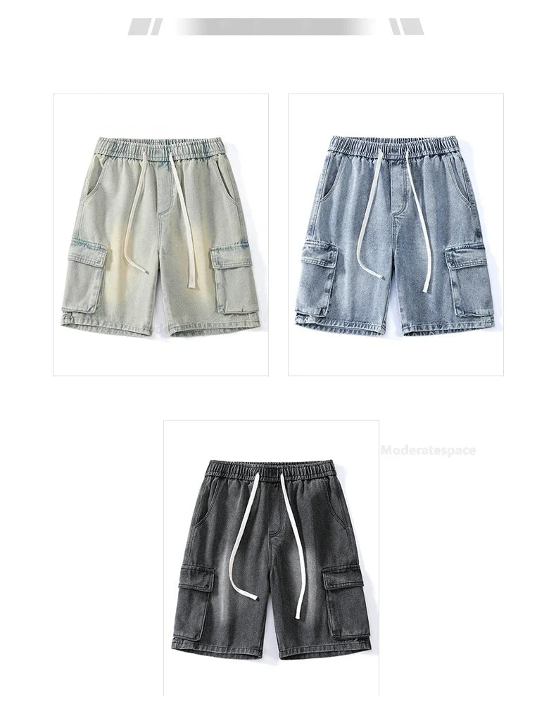 Summer Retro Fashion Denim Shorts for Men Loose Straight Leg Multi-pocket Short Jeans With Elastic Waist and Drawstring Male
