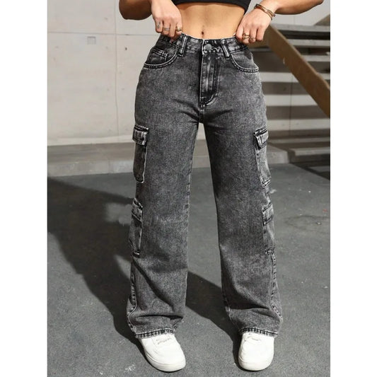 Womens Jeans Y2k Jeans High Waist Stretch Cargo Pants Multiple Pockets Casual Trousers For Ladies Fashion Retro Style