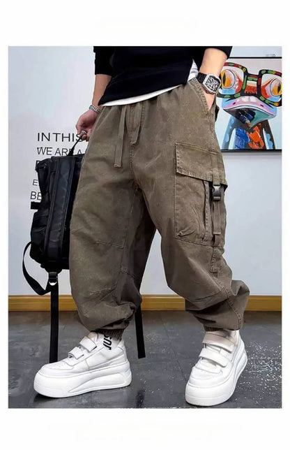 American Vintage Cargo Joggers Mens Washed Distressed Multi Pocket Pants Oversized Loose Fit Streetwear Hip Hop Plus Size Trendy
