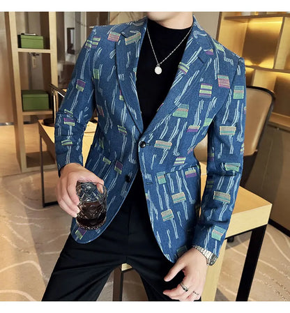 2025 New Luxury Denim Jacquard Suit Coats Men Fashion Slim Fit Suit Casual Business Party Coat Uniform Wedding Social Tailcoat