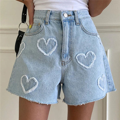 High Waist Washed LOVE Printed Women's Denim Shorts 2024 New Spring Summer Casual Jeans Chic Straight Pants Female