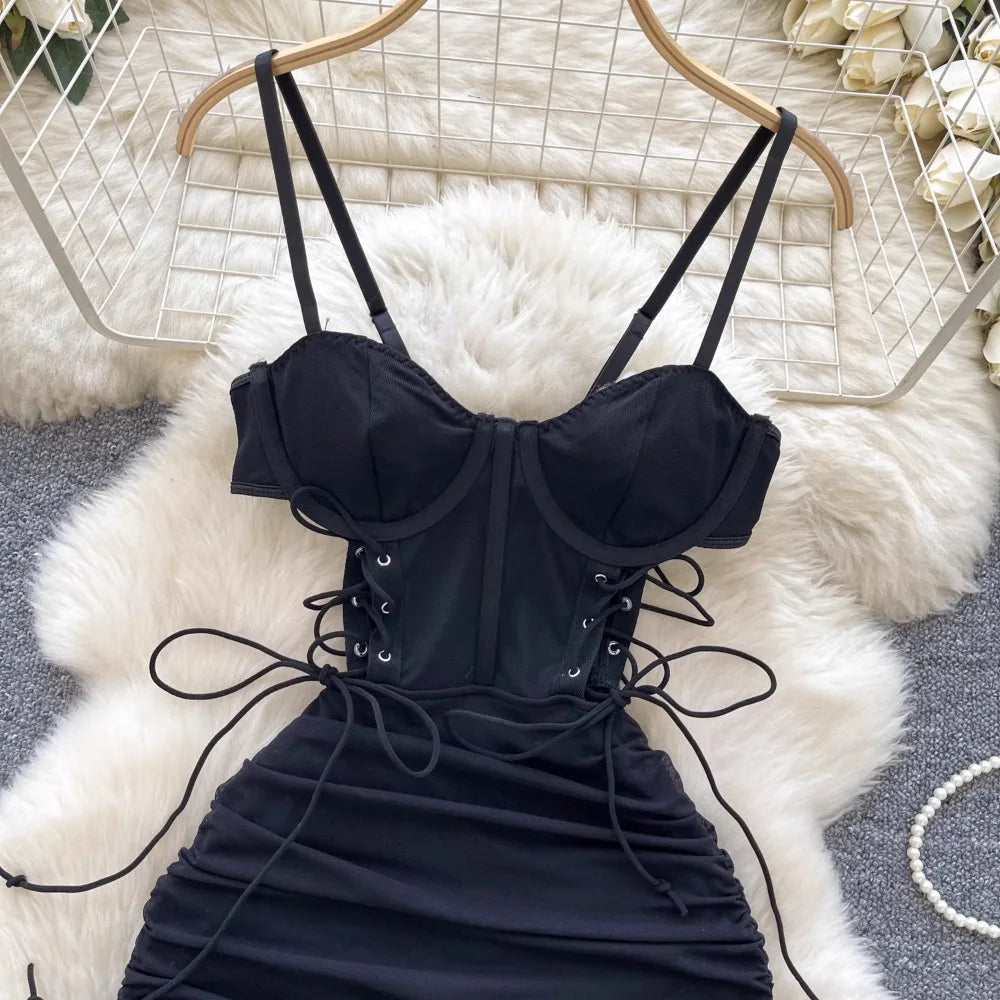 Ins Sexy Hollow Out Sling Dress with Exposed Waist Bandage Pleated Slim Fit Bodyocn Girl's Photo Date Short Dress
