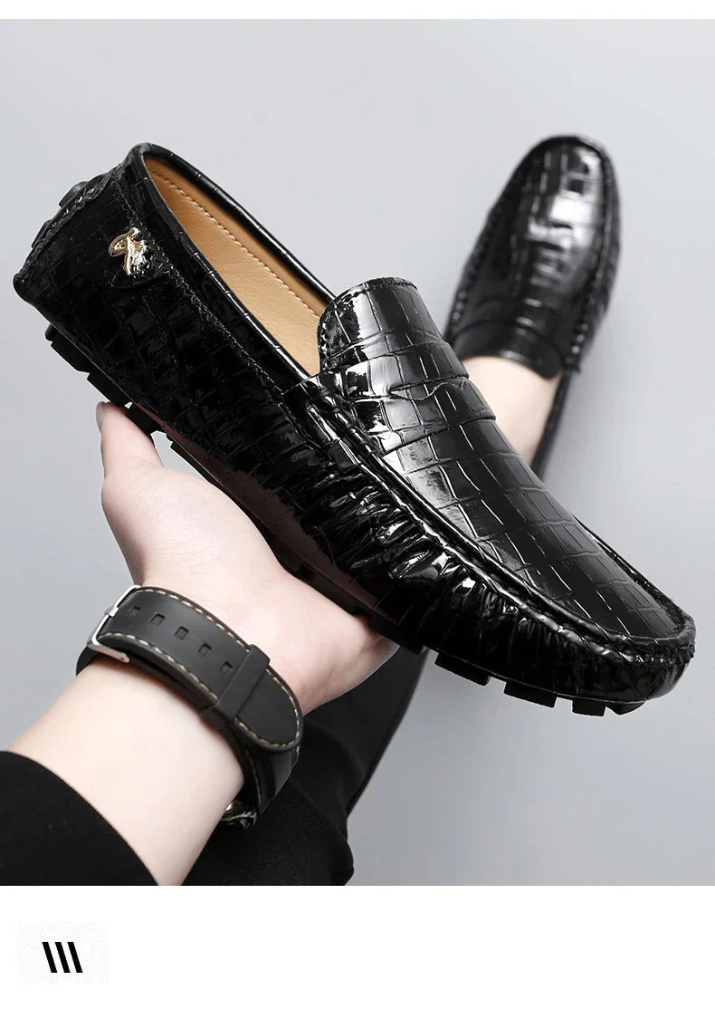Patent Leather Loafers for Men, Crocodile Pattern, Korean Style, Trendy, Popular Casual Leather Shoes, Slip-On Loafers, Lazy Shoes