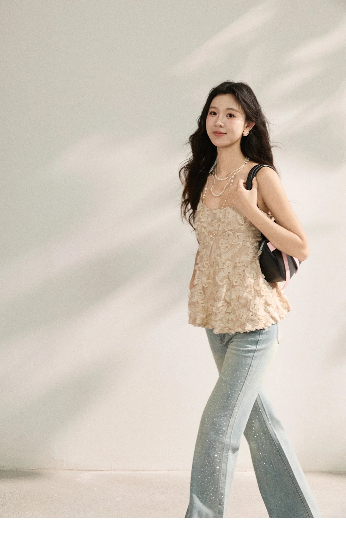 Women's Cherry Blossom Pink 3D Petal Camisole Tank Top 2026 Summer New Spaghetti Strap Ruffle Hem Inner Vest MXF16D2373