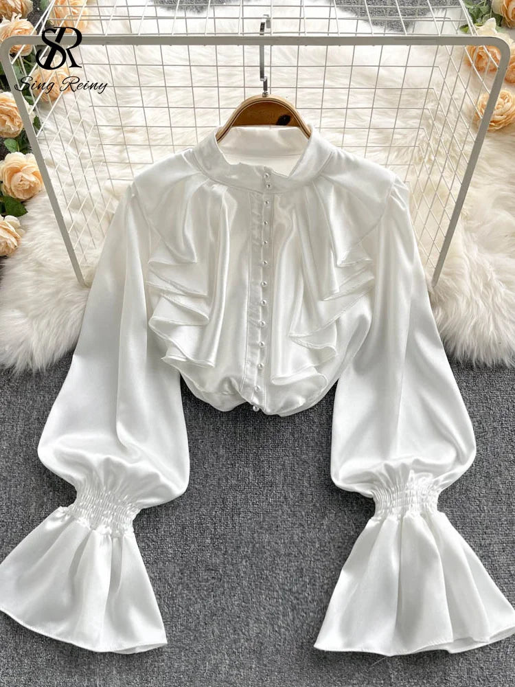 High Quality Satin Loose Shirt Long Flared Sleeves Ruffles O Neck Beading  Women Gentle Office Lady Casual Blouse