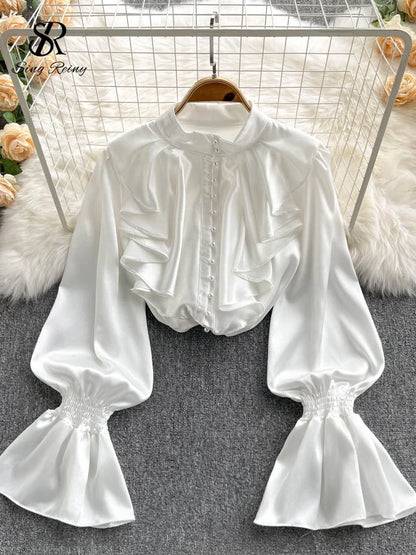 High Quality Satin Loose Shirt Long Flared Sleeves Ruffles O Neck Beading  Women Gentle Office Lady Casual Blouse