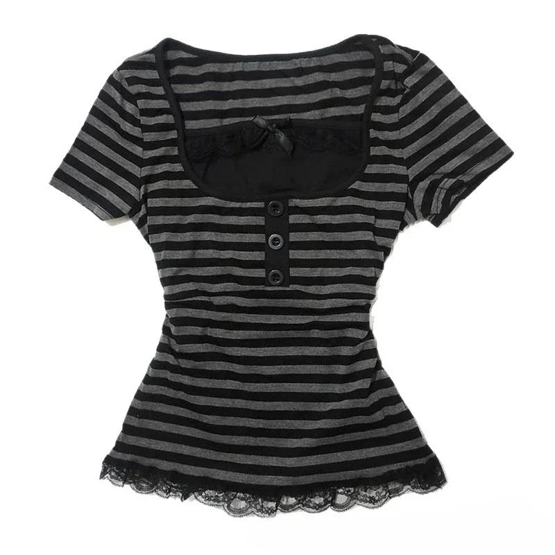 Gothic Harajuku Y2K Women's Crop Top Casual Slim Fit Striped Lace Bow Button Design Short Sleeve T-Shirt Chic Trendy Streetwear