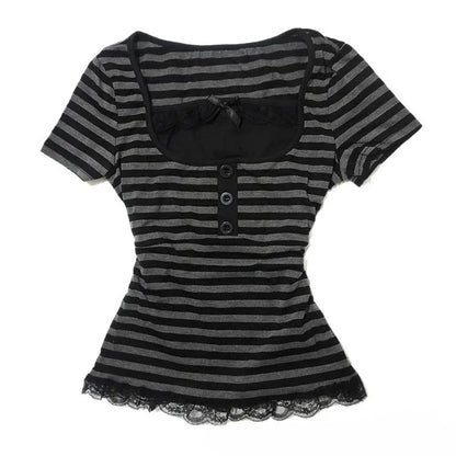 Gothic Harajuku Y2K Women's Crop Top Casual Slim Fit Striped Lace Bow Button Design Short Sleeve T-Shirt Chic Trendy Streetwear