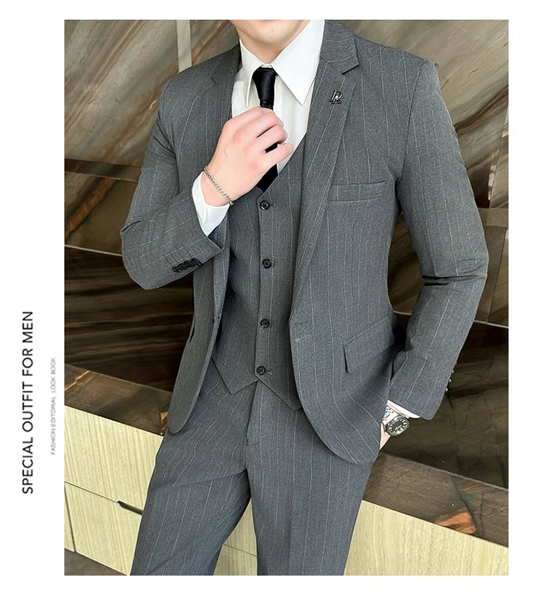 2025 High-Quality Wedding Suit Three-Piece Set Striped Business Casual Fashion Vest Trousers Ensemble Handsome Boutique Trend