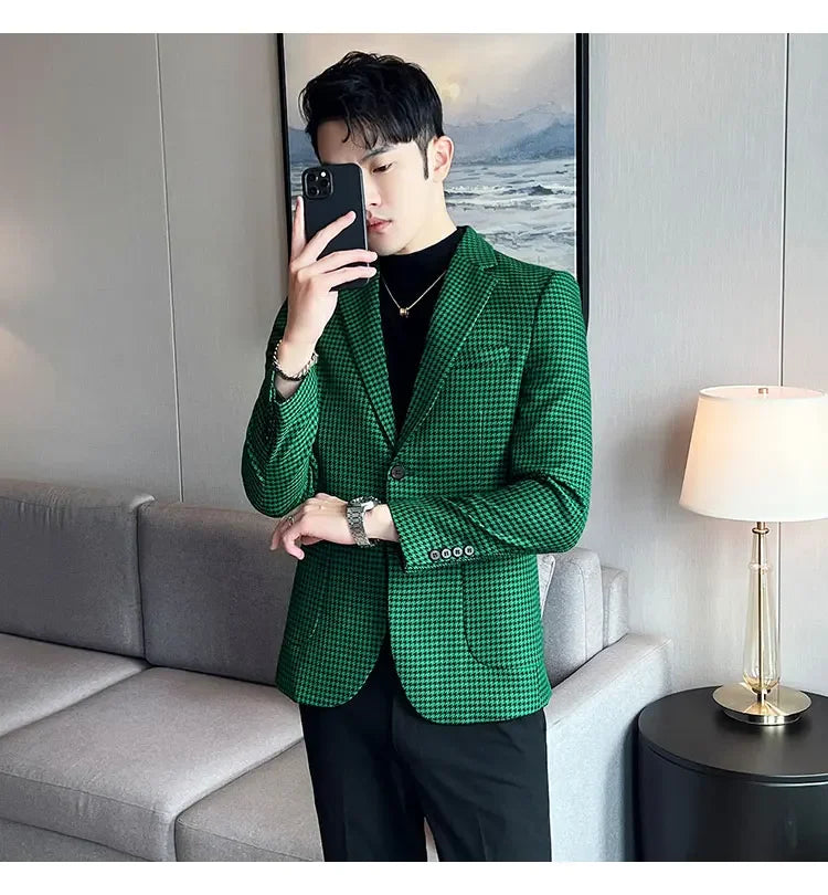 2025 Spring Men's Plaid Suit Jacket Korean Luxury Business Slim Fit Social Suit Jacket Formal Social Party Wedding Prom Tuxedo