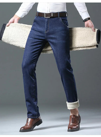 Winter Men's Fleece Thick Sherpa Jeans Business Casual Velvet Straight Denim Pants Male Wool Plush Classic Stretch Trousers