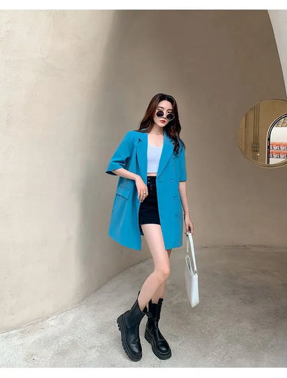 Korean Fashion Loose Thin Blazer Women Spring Autumn New Extra Large Mid Length Short Sleeved Women Coat Casual Outwear