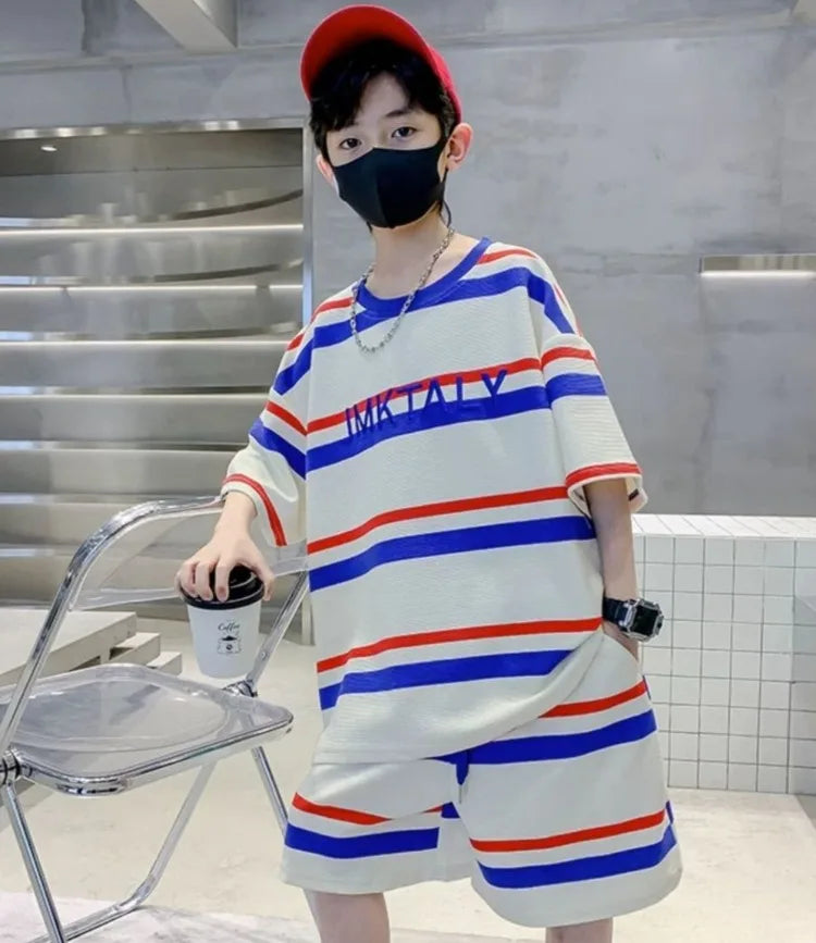 Striped Short-sleeved Sportswear Summer Suit for Boy Set Children From 4 Years Old Tees Kids Clothes Boys Children's Costumes 11