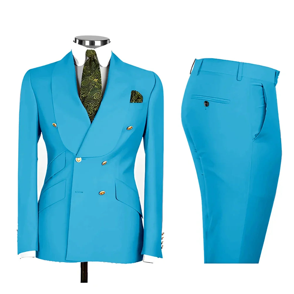 Lvory Shawl Lapel 2 Piece Suit Double Breasted Men's Jacket Pants with Gold Buttons Formal Wedding Groom Attire Prom Tuxedos