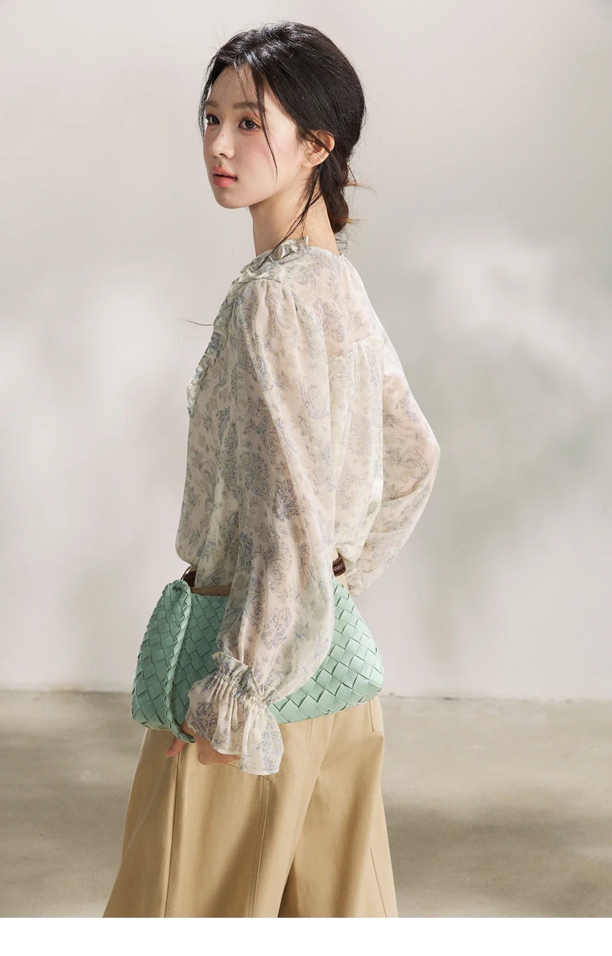 Women's Light Blue Paisley Print Ruffle Blouse V-neck Sheer Long Sleeve Chiffon Shirt Casual Summer Wear MXF13X2549