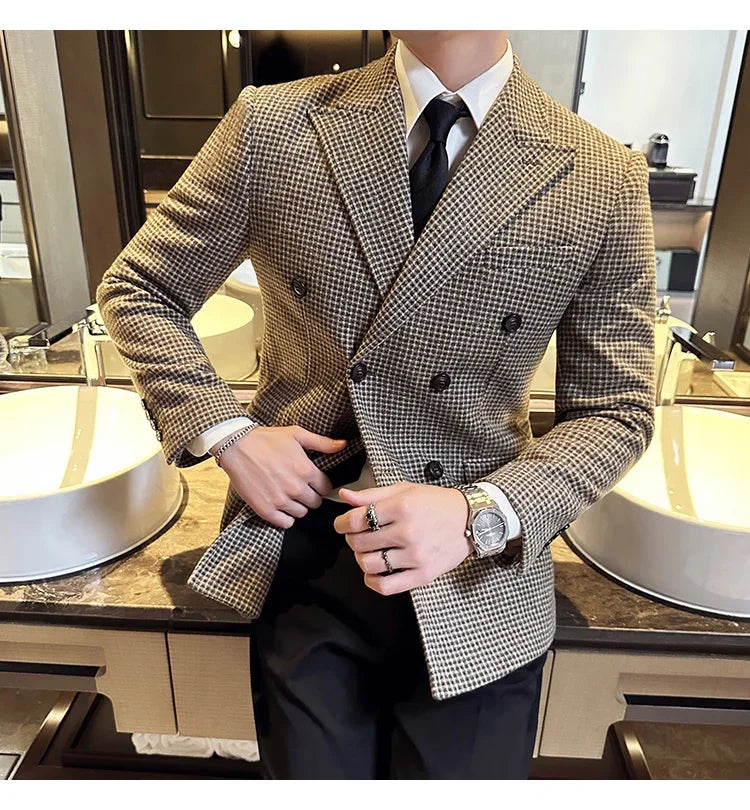 British Style Men Double Breasted Slim Fit Blazer 2024 New Houndstooth Slim Fit Suit Jacket Formal Business Wedding Dress Jacket