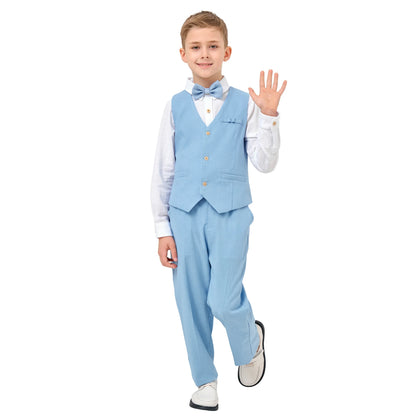 4Pcs Boys Linen Suit Dress Clothes Kids Graduation Wedding Outfit Shirt Vest Pants Set with Bow Tie 5-12 Years