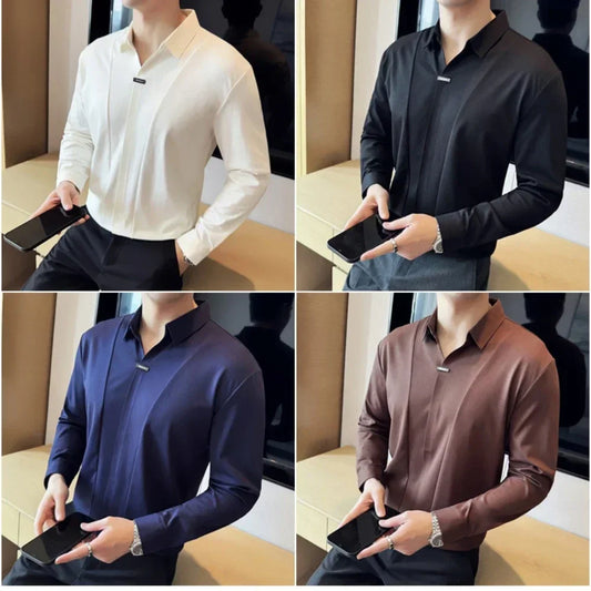 Stitching Special V-neck Long-Sleeved Polo Shirt, Men's High-Grade Elasticity Traceless Lapel T-shirt, Royal Blue Seamless Top