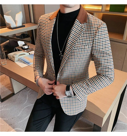 2024 Autumn Winter Korean  Houndstooth Blazer Jackets Fashion Color Matching Lapel Design Casual Men's Plaid Suit Coat Tuxedo