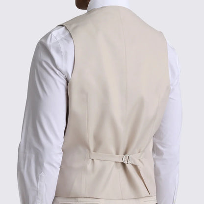 Men Vest Beige Solid Double Button V Neck Waistcoat For Wedding Party Banquet Business Work Daily Casual Men Suit Vest