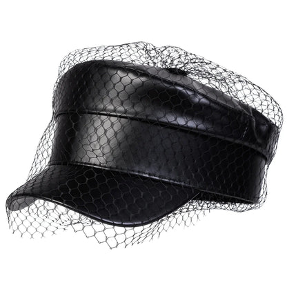 Fashion Women Large Belt Buckle Leather Hat Spring Autumn Sailor Hats Black Ladies Beret Caps Men Flat Top Captain Military Caps