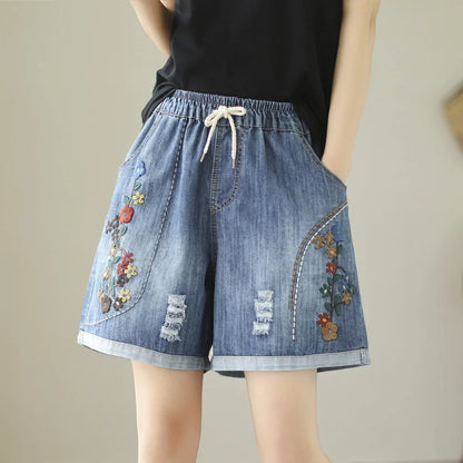 Embroider Shorts Jean For Women Summer Japanese Style Ethnic Elastic Waist Blue Flowers Embroidery Denim Shorts y2k