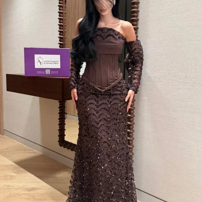 Customized Dark Brown Strapless Prom Dress Detachable Lace Long Sleeve Sequin Mermaid Corset robes de soirée Elegant 2025