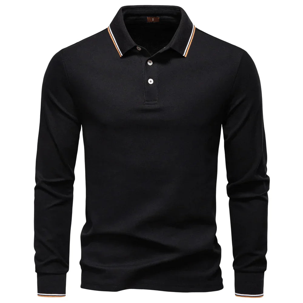 Men's Henley Neck Polo Shirt Cotton Solid Color Long Sleeve Autumn Winter Premium Luxury Mens Top