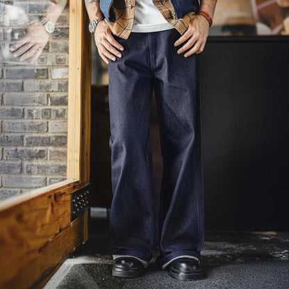 Vintage Men's 15.6oz Selvedge Raw Denim Jeans Wide Leg Trousers with YKK Zipper Fly Straight Fit Jeans for Fall and Winter