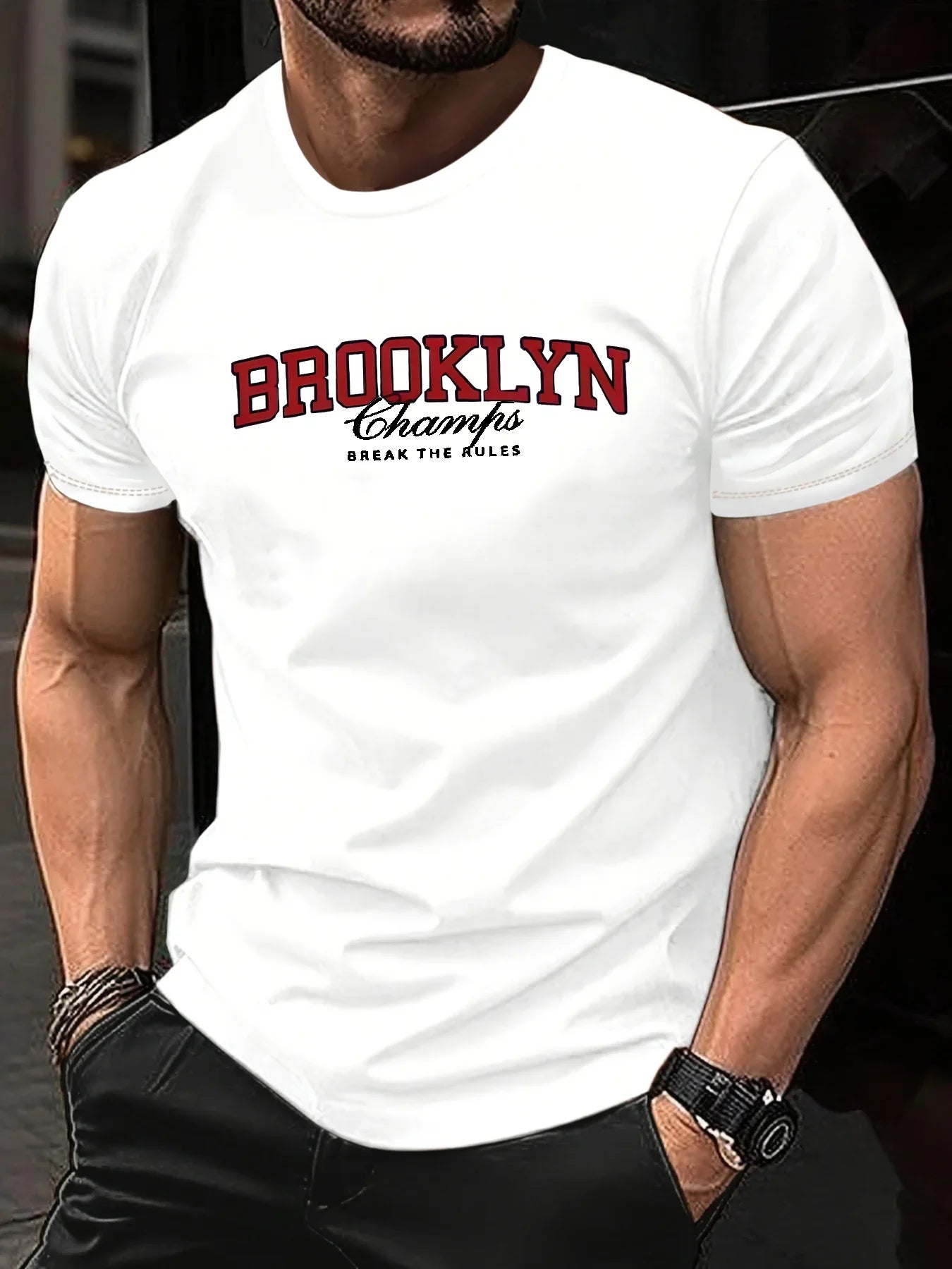Men's Summer 100% Cotton Fashionable Casual Loose Brooklyn Pattern Printed Sports Round Neck Short Sleeve T-shirt Top