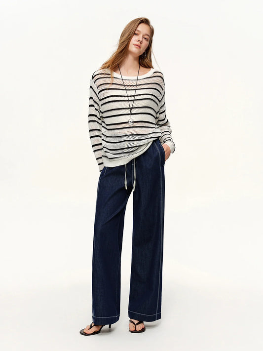 2026 Spring Women's Contrast Topstitching Straight Leg Jeans, Elastic Drawstring Waist Casual Pants for Y2K Street Style