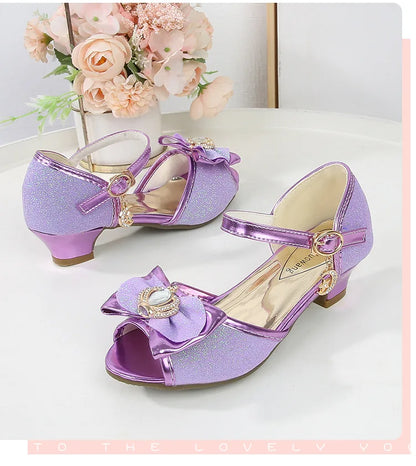 Girls Princess Sandals Summer Open-toe Elegant Children High Heels Fashion Sequins Crown Kids Causal Glitter Wedding Dress Shoes