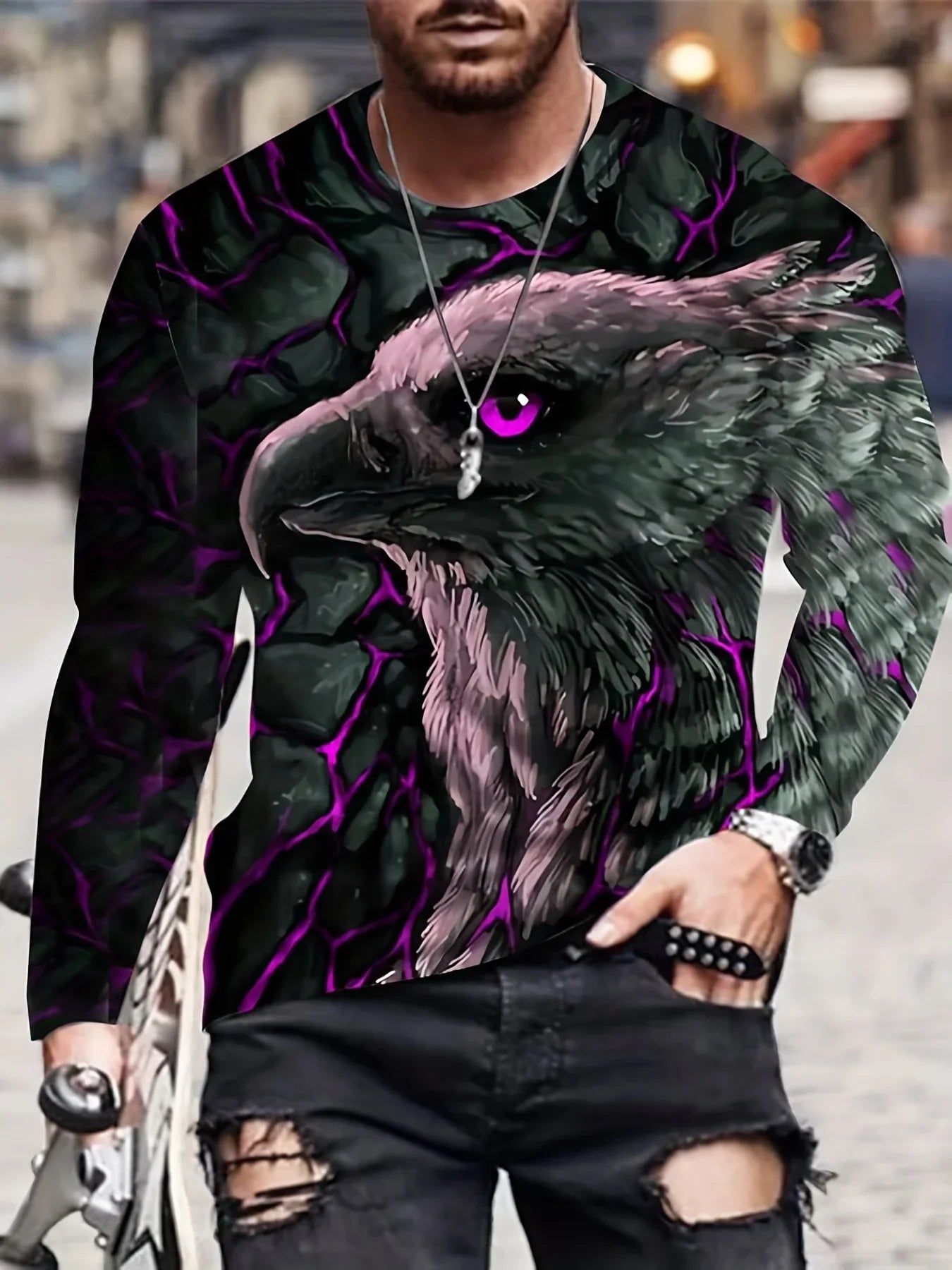 Men's Eagle Printed Long Sleeve Round Neck Retro Novelty T Shirt Autumn Fashion Large Size Long Sleeve Men's Shirt Clothing