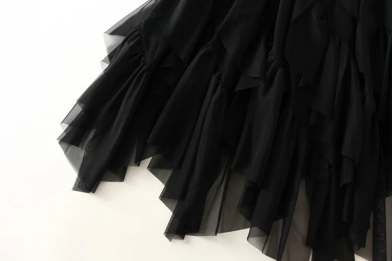 Women's Lotus Leaf Edge A Line Fairy Elastic Waist Tulle Skirt Midi High Waist Mesh Dress Solid Color Irregular Yarn Skirt D8808