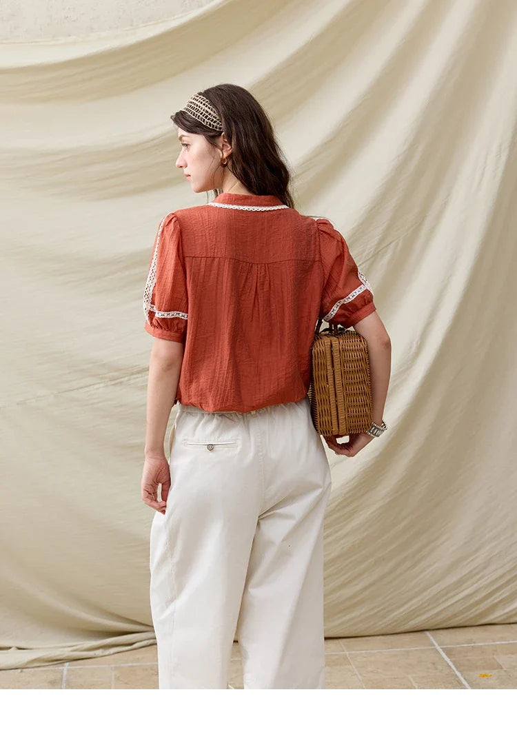 French New Blouses Women Summer New 2025 Short Sleeve V-neck Color Matching Shirts Female Fashion Lazy Style MXE31X1766