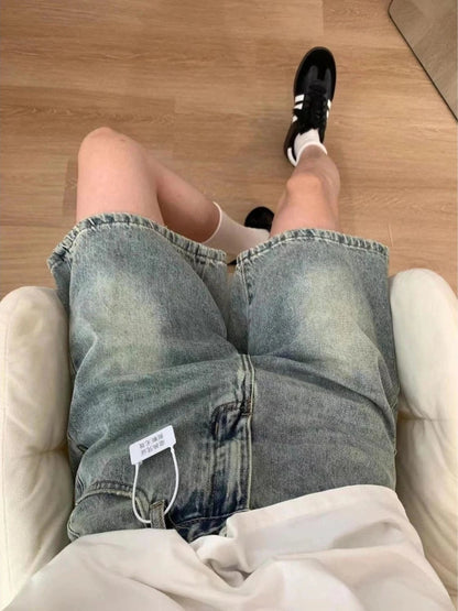 2026 New American Vintage Straight Denim Shorts Woman Summer High-Waisted Solid Jeans Women's Short Pants
