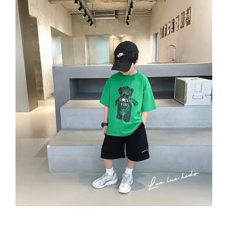 Summer Boys Cotton Cartoon Alphabet Short-Sleeved t-Shirt Tops+Short Pant Set School Kids Tracksuit Children 2PCS Outfit 3-16Yrs