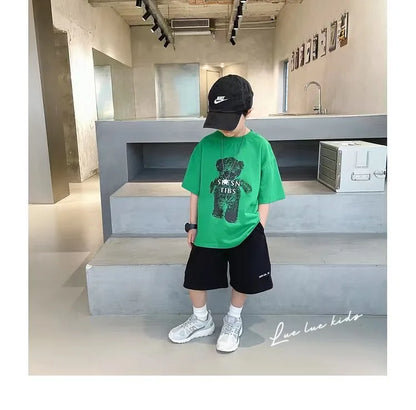 Summer Boys Cotton Cartoon Alphabet Short-Sleeved t-Shirt Tops+Short Pant Set School Kids Tracksuit Children 2PCS Outfit 3-16Yrs