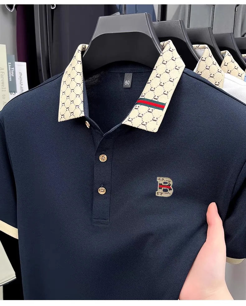 Luxury brand B letter embossed short sleeve polo shirt men summer lightweight breathable new fashion color blocked lapel T-shirt